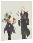  2boys aged_down armor belt black_gloves blue_eyes chest_strap chocobo cloud_strife final_fantasy final_fantasy_vii final_fantasy_vii_advent_children final_fantasy_vii_ever_crisis full_body fusion_swords gloves grey_hair high_collar highres holding male_focus mgt_85363 multiple_belts multiple_boys sabotender sephiroth short_hair shoulder_armor smile spiky_hair sword weapon 