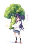  1girl :&lt; absurdres black_socks blush broccoli collared_shirt commentary_request detached_hair double_bun food full_body grey_skirt hair_bun hair_ornament hairclip hamayumiba_sou heart heart_hair_ornament highres holding holding_food holding_vegetable hood hoodie kneehighs looking_at_viewer neck_ribbon ochikobore_fruit_tart open_mouth oversized_food oversized_object parted_bangs pink_footwear purple_hair red_ribbon ribbon sekino_roko shadow shirt shoes side_up_bun sidelocks skirt sneakers socks solo sparkle translation_request v-shaped_eyebrows vegetable violet_eyes white_hoodie white_shirt 