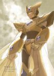  1boy android armor cape chest_jewel cowboy_shot forehead_jewel gate_(mega_man) gold_armor gold_helmet helmet male_focus mega_man_(series) mega_man_x6 mega_man_x_(series) solo twitter_username watermark white_cape yamanashi_taiki 