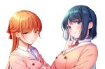  2girls blue_eyes blue_hair breasts buttons closed_mouth crossed_arms double-breasted ear_piercing finger_to_cheek flower hair_flower hair_ornament hair_ribbon half_updo highres igoshowgi large_breasts long_hair medium_bangs medium_hair multiple_girls neck_ribbon official_art orange_eyes orange_hair osananajimi_to_romcom_ni_naranai piercing pink_shirt red_ribbon ribbon school_uniform second-party_source serafuku shirt simple_background small_breasts upper_body 