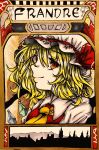 1girl art_nouveau ascot blonde_hair character_name closed_mouth collared_shirt crystal flandre_scarlet from_side hat hat_ribbon highres medium_hair mob_cap multicolored_wings red_eyes red_ribbon ribbon shiraniwa_rin shirt solo touhou traditional_media upper_body white_hat white_shirt wings yellow_ascot 