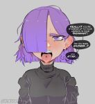  1girl artist_name black_shirt blunt_ends duolingo earrings english_text grey_background hair_behind_ear hair_over_one_eye jewelry knuxy lily_(duolingo) open_mouth purple_hair shirt simple_background solo speech_bubble tongue violet_eyes 