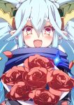  1girl absurdres aqua_hair black_dress blue_scarf bouquet braid crown_braid curled_horns dress fate/grand_order fate_(series) hair_between_eyes highres horns larva_tiamat_(fate) larva_tiamat_(second_ascension)_(fate) long_hair long_horns long_sleeves looking_at_viewer open_mouth peisuto pink_eyes pointy_ears scarf sidelocks smile solo symbol-shaped_pupils tiamat_(fate) twintails very_long_hair 