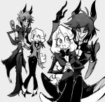  1boy 1girl absurdres alastor_(hazbin_hotel) blush_stickers bow bowtie buttons charlie_morningstar claws greyscale hair_ears hazbin_hotel highres holding holding_microphone_stand jacket jihecchi long_hair long_sleeves low-tied_long_hair microphone_stand monochrome open_mouth pants parted_lips sharp_teeth shoes short_hair simple_background smile teeth very_long_hair 