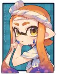  1girl blush brown_eyes inkling_girl inkling_player_character long_hair looking_at_viewer orange_hair parted_lips pointy_ears sahata_saba shirt short_sleeves solo splatoon_(series) translation_request twintails upper_body white_shirt 