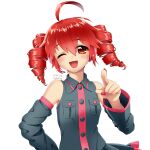  1girl blush collared_shirt dated detached_sleeves drill_hair highres kasane_teto long_sleeves looking_at_viewer mutsubizuki nail_polish one_eye_closed open_mouth pointing pointing_at_viewer red_eyes redhead shirt sleeveless sleeveless_shirt smile solo twin_drills utau 