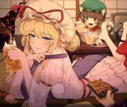  3girls alcohol animal_ear_piercing animal_ears beer beer_bottle beer_mug blonde_hair brown_eyes brown_hair cat_ears cat_tail chen cup disembodied_eye dress folded_fan folding_fan food gap_(touhou) green_hat hand_fan hat hat_ribbon holding holding_cup holding_fan holding_tray kanchan_(shr0217imp) long_hair long_sleeves lying mob_cap mug multiple_girls on_stomach onigiri out_of_frame pantyhose plate pouring purple_tabard red_ribbon red_vest ribbon shirt sitting tabard table tail television touhou tray vest violet_eyes white_dress white_hat white_pantyhose white_shirt wide_sleeves yakumo_ran yakumo_yukari 