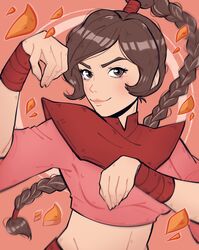  1girl avatar:_the_last_airbender avatar_legends braid breasts brown_eyes closed_mouth hands_up highres long_hair medium_breasts midriff petals pichichustudio pink_background short_sleeves single_braid smile solo ty_lee upper_body very_long_hair 