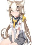  1girl ahoge animal_collar animal_ears black_collar blush bow bowtie brown_hair collar commentary commission girls&#039;_frontline_neural_cloud girls_frontline grey_eyes grey_skirt hair_ornament hair_ribbon hannah_(neural_cloud) highres long_hair looking_at_viewer multicolored_hair necktie parted_lips ribbon simple_background sitting skirt smile streaked_hair twintails white_background white_hair wonjang yellow_bow yellow_bowtie yellow_necktie yellow_ribbon 
