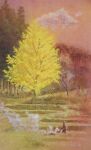  0zolvut2323nyus 1other absurdres clouds cloudy_sky forest ginkgo_tree highres hill nature nihonga original outdoors painting_(medium) pink_sky scenery sky solo traditional_media tree watercolor_(medium) 