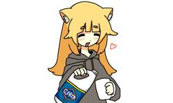  animal_ears black_hoodie bleach_(chemical) blonde_hair blush cat_ears cat_girl clorox closed_eyes comedy happy heart holding holding_cup holding_food hoodie long_hair mug smile snale white_background 