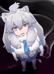 1girl ahoge animal_ear_fluff animal_ears bad_id bad_twitter_id blue_necktie breasts cigarette commentary_request commission from_above full_body fur_collar green_eyes grey_hair hair_between_eyes highres holding holding_cigarette inactive_account jmeysan kemono_friends kemono_friends_3 large_breasts lion_ears lion_girl lion_tail long_hair looking_at_viewer necktie open_mouth plaid plaid_necktie plaid_skirt shirt short_sleeves skirt smoke solo standing tail white_lion_(kemono_friends) white_shirt