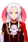  1girl ascot circle closed_mouth commentary edelgard_von_hresvelg fire_emblem fire_emblem:_three_houses garreg_mach_monastery_uniform highres long_hair looking_at_viewer pink_eyes red_background simple_background smgold smile solo tassel two-tone_background white_ascot white_background white_hair 