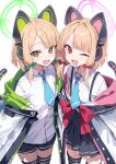  2girls absurdres animal_ear_headphones animal_ears black_shorts black_skirt black_thighhighs blonde_hair blue_archive blue_necktie bow cat_ears cat_tail commentary_request fake_animal_ears fake_tail green_bow green_eyes green_halo hair_bow halo headphones hidis0086 highres jacket looking_at_viewer midori_(blue_archive) momoi_(blue_archive) multiple_girls necktie open_mouth pink_eyes pink_halo red_bow shirt short_hair shorts siblings sidelocks sisters skirt smile tail thigh-highs twins upper_body white_jacket white_shirt 