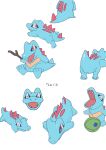  closed_eyes closed_mouth commentary_request fangs head_back highres holding holding_stick looking_back lying multiple_views on_stomach open_mouth pokemon red_eyes smile stick tongue totodile valentine_(02140314c) white_background 