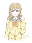  1girl aziazi014 bow bowtie brown_eyes brown_hair cardigan commentary_request cropped_torso dated grey_sailor_collar hair_between_eyes highres kunikida_hanamaru long_sleeves looking_at_viewer love_live! love_live!_sunshine!! medium_hair parted_lips sailor_collar school_uniform sidelocks solo twitter_username upper_body uranohoshi_school_uniform white_background winter_uniform yellow_bow yellow_bowtie yellow_cardigan 