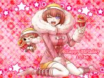  2girls ;p ando_ruruka beanie belt belt_buckle black_eyes bow bow_button breasts buckle clone closed_mouth coat commentary_request cupcake danganronpa_(series) danganronpa_2:_goodbye_despair dated english_text eyelashes floating floral_background food fruit full_body fur-trimmed_hood fur_cuffs fur_trim hand_on_lap happy_birthday hat heart holding holding_food hood hood_down hooded_coat icing large_breasts light_blush long_sleeves looking_at_viewer miniskirt multiple_belts multiple_girls one_eye_closed open_mouth oversized_food oversized_object pale_skin pink_background pink_belt pink_bow pink_coat pink_footwear pink_hair polka_dot polka_dot_background pom_pom_(clothes) pom_pom_beanie shoe_belt short_hair skirt smile solid_eyes starry_background strawberry teeth thigh-highs tongue tongue_out upper_teeth_only violet_eyes white_thighhighs white_wrist_cuffs winter_clothes winter_coat wrist_cuffs yellow_hat yellow_skirt yumaru_(marumarumaru) zettai_ryouiki 