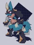  black_fur blue_fur closed_mouth grey_background highres initial lucario multicolored_fur pokemon pokemon_(creature) red_eyes rushin slit_pupils smile solo spikes standing tail yellow_fur 