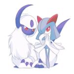  absol artist_name claws colored_skin covering_own_mouth green_hair hair_over_one_eye hand_over_own_mouth horns kirlia multicolored_skin pokemon pokemon_(creature) red_eyes sidelocks simple_background single_horn sorashiramu two-tone_skin white_background white_fur white_skin 