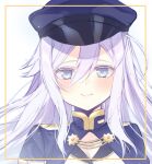  1girl 86_-eightysix- blue_eyes blue_jacket blush border closed_mouth floating_hair hair_between_eyes hat highres jacket long_hair looking_at_viewer military military_hat military_uniform portrait smile solo uniform usanta vladilena_millize white_background white_hair 