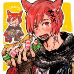  1boy :t animal_ears archon_mark black_scarf blush brown_gloves cat_ears final_fantasy final_fantasy_xiv fingerless_gloves food food_request g&#039;raha_tia gloves holding holding_food inset itowo_(itowc) looking_at_viewer male_focus miqo&#039;te open_mouth outline red_eyes redhead romaji_text sandwich scarf short_hair simple_background solo white_outline yellow_background 
