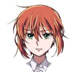  1girl bad_id bad_twitter_id clenched_teeth collared_shirt delfuze green_eyes hatori_chise looking_at_viewer mahou_tsukai_no_yome portrait redhead shirt simple_background solo teeth white_background white_shirt wing_collar 
