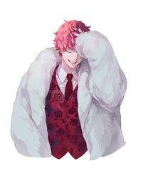  1boy akari_doppo ayashimon coat dated fur_coat grey_eyes grin hand_up highres looking_at_viewer male_focus necktie pink_hair red_necktie red_vest sharp_teeth simple_background smile solo teeth upper_body ushi_424 vest white_background white_coat 