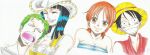  2boys 2girls absurdres bare_shoulders black_eyes black_hair blue_hair clenched_teeth commentary cowboy_hat dachy_shawol dark_blue_hair dated earrings english_commentary green_hair hat highres jewelry long_hair monkey_d._luffy multiple_boys multiple_girls nami_(one_piece) nico_robin one_piece open_mouth orange_hair red_shirt roronoa_zoro scar scar_on_cheek scar_on_face shirt short_hair signature simple_background single_earring sleeping sleeveless sleeveless_shirt smile straw_hat teeth white_background white_hat 
