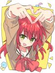  1girl :d arms_up bocchi_the_rock! border bow bowtie brown_cardigan cardigan commentary cube_hair_ornament dot_nose floating_hair gotoh_hitori hair_between_eyes hair_ornament happy heart heart_hands highres kita_ikuyo light_blush long_hair long_sleeves looking_at_viewer one_side_up open_mouth red_bow red_bowtie redhead school_uniform shuka_high_school_uniform simple_background sinpasinsy sleeve_cuffs smile solo standing through_medium two-tone_background white_border yellow_background 