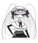  blue_pupils closed_mouth commentary flower frown gigobyte350 hairband hand_on_own_hip headdress looking_to_the_side pheromosa pokemon ribbon upper_body violet_eyes white_background 