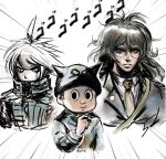  3boys ahoge android artist_name beanie between_fingers black_eyes black_hat brown_jacket brown_necktie cigarette closed_mouth collared_jacket collared_shirt covered_mouth cropped_torso danganronpa_(series) danganronpa_v3:_killing_harmony emphasis_lines fake_horns glaring glasses gokuhara_gonta green_hair grey_hair hat holding holding_cigarette horned_headwear horns hoshi_ryoma jacket k1-b0 lapel_pin lapels layered_sleeves leather leather_jacket light_frown long_hair long_sleeves male_focus multiple_boys necktie notched_lapels pocket qosic round_eyewear shaded_face shirt simple_background very_long_hair white-framed_eyewear white_background white_shirt 