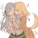  2girls animal_ears bad_id bad_pixiv_id bang_dream! bang_dream!_it&#039;s_mygo!!!!! blonde_hair blush brown_dress closed_eyes collared_shirt dog_ears dog_girl dog_tail dress green_necktie green_skirt grey_jacket haneoka_school_uniform heart highres hug hug_from_behind imminent_kiss jacket junjun_(kimi-la) kemonomimi_mode kiss kissing_cheek long_sleeves misumi_uika multiple_girls necktie one_eye_closed open_mouth plaid plaid_skirt pleated_skirt school_uniform shirt simple_background skirt smile tail tail_wagging togawa_sakiko translation_request tsukinomori_school_uniform white_background white_shirt yellow_eyes yuri 