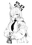  1girl animal_ear_fluff animal_ears armband blue_archive bobonasudan breasts closed_mouth cocking_gun dog_ears dress_shirt extra_ears fang gloves greyscale gun hair_over_one_eye halo handgun highres holding holding_gun holding_weapon jacket kanna_(blue_archive) long_bangs long_sleeves monochrome necktie notched_ear open_clothes open_jacket pencil_skirt shirt shirt_tucked_in simple_background skirt solo tie_clip trigger_discipline weapon 