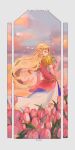  1girl artist_name blonde_hair blue_eyes border circlet commentary copyright_name flower grass highres holding holding_flower lilium815719 long_hair looking_back outdoors outside_border pink_flower pink_tulip pointy_ears princess_zelda solo sparkle standing the_legend_of_zelda the_legend_of_zelda:_ocarina_of_time triforce triforce_earrings tulip white_border 