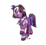  1girl animal_ears bow bowtie braid brown_hair collared_shirt crown_braid cutie_mark ear_bow horse_ears horse_tail looking_at_viewer multicolored_hair my_little_pony my_little_pony:_friendship_is_magic no_humans open_mouth pleated_skirt purple_bow purple_bowtie purple_fur purple_shirt purple_skirt sailor_collar shirt short_hair skirt smile solo special_week_(umamusume) sweatband tail tail_bow tail_ornament two-tone_hair umamusume violet_eyes white_hair white_shirt zzekzzek 
