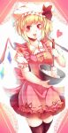 1girl apron black_thighhighs blonde_hair cowboy_shot crystal_wings flandre_scarlet frilled_apron frills hat heart highres kanzakietc looking_at_viewer mob_cap open_mouth red_eyes red_ribbon ribbon solo thigh-highs touhou yellow_ribbon zettai_ryouiki 