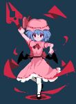  1girl ascot bat_wings blue_hair dress full_body hand_up hat hat_ribbon mary_janes miuu_000 mob_cap pink_dress pink_ribbon pixel_art red_ascot red_eyes remilia_scarlet ribbon shoes short_hair solo thigh-highs touhou white_thighhighs wings 