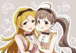  2girls :d ahoge bare_shoulders black_bow black_bowtie black_hairband blonde_hair blue_eyes blush bow bowtie bracelet braid breasts brown_eyes brown_gemstone brown_hair collared_shirt commentary dress food-themed_background goma_konbu grey_background hairband hakozaki_serika hand_up heads_together highres idolmaster idolmaster_million_live! idolmaster_million_live!_theater_days jewelry long_hair looking_at_viewer looking_to_the_side medium_breasts multiple_girls open_mouth outline parted_bangs pinafore_dress pink_dress raised_eyebrows shinomiya_karen shirt simple_background sleeveless sleeveless_dress sleeveless_shirt small_breasts smile striped_clothes striped_dress translation_request twintails upper_body very_long_hair white_outline white_shirt yellow_dress 