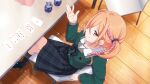  22/7 22/7_ongaku_no_jikan black_skirt black_socks blue_scrunchie bow bowtie braid card chair closed_mouth collarbone crossed_bangs crossed_legs desk dutch_angle from_above fumino_miko game_cg green_bow green_bowtie green_shirt hair_between_eyes hair_ornament hair_over_one_eye hair_scrunchie hand_up highres lens_flare light_particles long_sleeves looking_at_viewer multicolored_hair non-web_source official_art orange_hair pink_eyes pink_hair plaid plaid_skirt playing_card pleated_skirt poker_chip sailor_collar school_emblem school_uniform scrunchie serafuku shirt sidelocks single_braid sitting skirt socks sparkle twintails two-tone_hair white_sailor_collar wooden_floor 