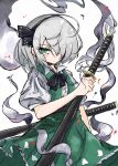  1girl black_bow black_hairband bow collared_shirt deal360acv dress facing_viewer frilled_dress frills green_dress green_eyes grey_hair hair_ribbon hairband highres hitodama holding holding_sword holding_weapon katana knees_out_of_frame konpaku_youmu konpaku_youmu_(ghost) looking_at_viewer multiple_swords puffy_sleeves ribbon sheath sheathed shirt short_hair simple_background solo sword touhou vest weapon white_background white_shirt 