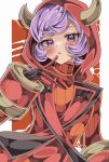  1girl blush border courtney_(pokemon) cracked_background fake_horns finger_to_mouth gloves highres hood hood_up hooded_vest hoodie horned_hood horns leaning_to_the_side looking_at_viewer open_mouth pokemon pokemon_oras purple_hair red_background red_gloves red_hood red_wrist_cuffs ribbed_sweater shiki_(kisikisi1007) short_hair solo sweater team_magma team_magma_logo team_magma_uniform turtleneck turtleneck_sweater upper_body vest violet_eyes white_border wrist_cuffs 