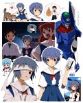  1boy 2girls arm_sling artist_name ayanami_rei bag bandage_over_one_eye bandaged_arm bandaged_head bandages bendedede black_pants black_undershirt blood blood_on_face blue_hair blue_skirt blue_sky blush bodysuit border bow bowtie breast_pocket breasts broken_arm brown_bag brown_cat brown_hair card cast character_name chibi closed_eyes closed_mouth clouds cockpit collarbone collared_shirt commentary crank door dot_nose dress_shirt embarrassed english_commentary eva_00 flying_sweatdrops full_body hair_between_eyes hallway hand_on_animal hand_up heart highres holding holding_bag holding_card holding_sack id_card ikari_shinji indoors injury long_hair looking_at_viewer mecha meme mountainous_horizon multiple_girls multiple_views neck_ribbon neon_genesis_evangelion open_mouth pants parted_lips petting pilot_suit plugsuit pocket red_bow red_bowtie red_eyes red_ribbon redhead rei_chikita ribbon robot romaji_text sack scene_reference school_uniform shinji_crank_that_soulja_boy_(meme) shirt short_hair short_sleeves signature sitting skirt sky small_breasts solo_focus souryuu_asuka_langley spoken_character spoken_heart suspender_skirt suspenders sweatdrop t-shirt tabby_cat talking tokyo-3_middle_school_uniform torn_clothes twitter_username upper_body wariza white_background white_bodysuit white_border white_shirt 