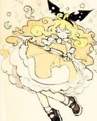  1girl apron black_footwear blonde_hair bow closed_eyes clouds full_body hair_bow hair_tubes hat kirisame_marisa long_hair mokumoku22 socks solo touhou traditional_media waist_apron white_socks 