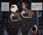  2girls 3d_background aviator_sunglasses black_bodysuit black_gloves blonde_hair blue_eyes blush bodysuit breasts brown_hair capelet dark-skinned_female dark_skin eagle_1_(helldivers) elbow_gloves eyewear_on_head gloves helldivers_(series) helmet highres holding holding_helmet hong_doo huge_breasts impossible_bodysuit impossible_clothes korean_text medium_breasts mole mole_under_eye multiple_girls multiple_moles orange_capelet pelican_1_(helldivers) pilot_suit ribbed_bodysuit scar scar_across_eye scar_on_face scar_on_mouth short_hair sunglasses translation_request unworn_headwear unworn_helmet walking 