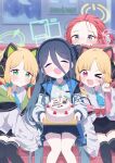  &lt;key&gt;_(robot)_(blue_archive) 4girls absurdly_long_hair absurdres animal_ear_headphones animal_ears aris_(blue_archive) black_hair black_hairband blonde_hair blue_archive blue_eyes blue_necktie bow cake closed_eyes collared_shirt commentary facing_viewer fake_animal_ears food game_development_department_(blue_archive) green_bow green_eyes green_halo hair_bow hairband halo headphones highres hyemong indoors jacket long_hair long_sleeves looking_at_viewer midori_(blue_archive) momoi_(blue_archive) multiple_girls necktie one_eye_closed one_side_up open_clothes open_jacket open_mouth pink_halo red_bow red_eyes redhead shirt short_hair siblings sisters sitting smile symbol-only_commentary twins v very_long_hair white_jacket white_shirt yellow_halo yuzu_(blue_archive) 