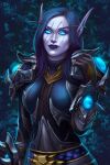  1girl armor black_hair black_lips blue_eyes blue_light breasts cher-ro cowboy_shot dark_background english_commentary gauntlets gloves glowing glowing_eyes highres lips looking_at_viewer makeup melrine_evershield orb pointy_ears scar scar_on_face solo very_long_ears warcraft world_of_warcraft 