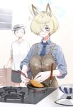  animal_ear_fluff animal_ears apron blonde_hair blue_archive blue_eyes blush chopsticks cooking ear_wiggle extra_ears happy hat highres kanna_(blue_archive) lonklink necktie sensei_(blue_archive) short_hair skirt 