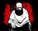  1boy anniversary bald beard brad_armstrong facial_hair feet_out_of_frame full_beard greyscale_with_colored_background hand_on_own_knee kocho_15 lisa_(series) lisa_the_painful poncho scar scar_across_eye sitting solo thick_beard twitter_username 