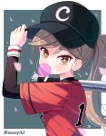  1girl baseball baseball_bat baseball_cap baseball_uniform black_sleeves blowing_bubbles brown_eyes brown_hair character_request chewing_gum commission copyright_request falling_petals hand_on_headwear hat highres layered_sleeves looking_at_viewer petals ponytail red_shirt shirt sportswear sseopik wristband 