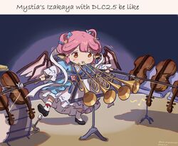  1girl alternate_costume animal_ears bird_ears blue_dress blush bow_(music) chinese_commentary commentary_request dated dress drum english_text flower hagoromo highres holding holding_bow_(music) instrument long_sleeves music musical_note mystia_lorelei nero_augustus pink_flower pink_hair playing_instrument shawl shoes socks solo tom_and_jerry touhou touhou_mystia&#039;s_izakaya trumpet twitter_username violin white_socks 